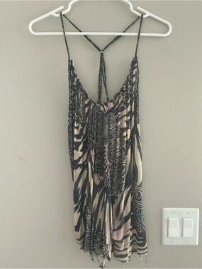 Free People Spaghetti Strap Pleated Tank Top - Blue & Beige